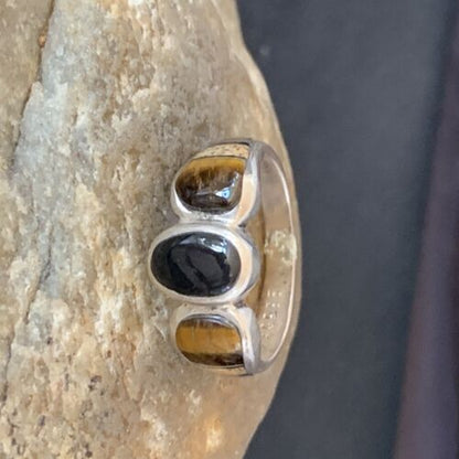 Navajo Black Onyx Coffee Tigers Eye Inlay Ring | Sterling Silver | Sz 8 | Authentic Native American Handmade | 10732 - Masha USA
