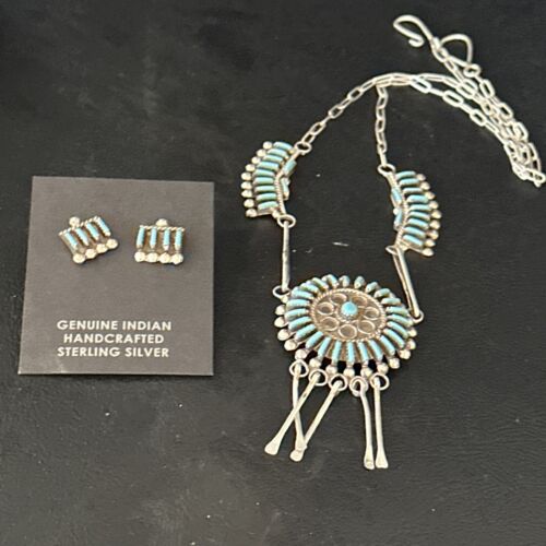 Zuni Kingman Turquoise Needle Point Necklace Pendant Earrings Set | Sterling Silver | Native American Handmade | 14488