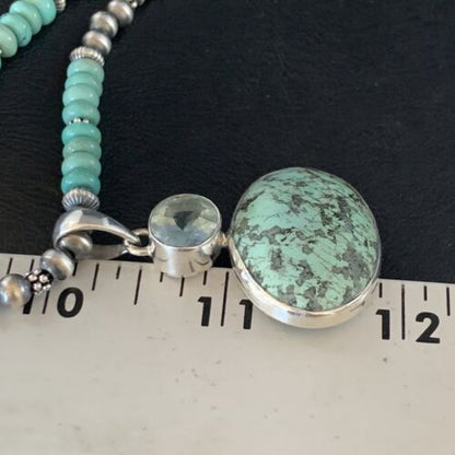 Navajo Pearls Necklace with Blue Spiderweb Turquoise Pendant | Sterling Silver | 13910