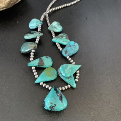 Southwestern Navajo Pearls Necklace | Sterling Silver | Blue Turquoise Teardrop | 13156