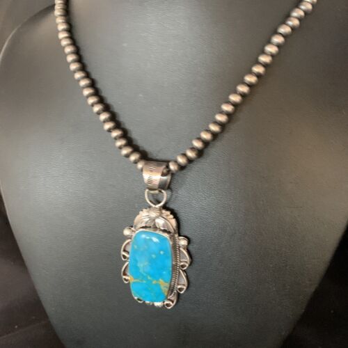 Men's Navajo Blue Kingman Turquoise Pendant Necklace | Sterling Silver | Authentic Native American Handmade | 13665