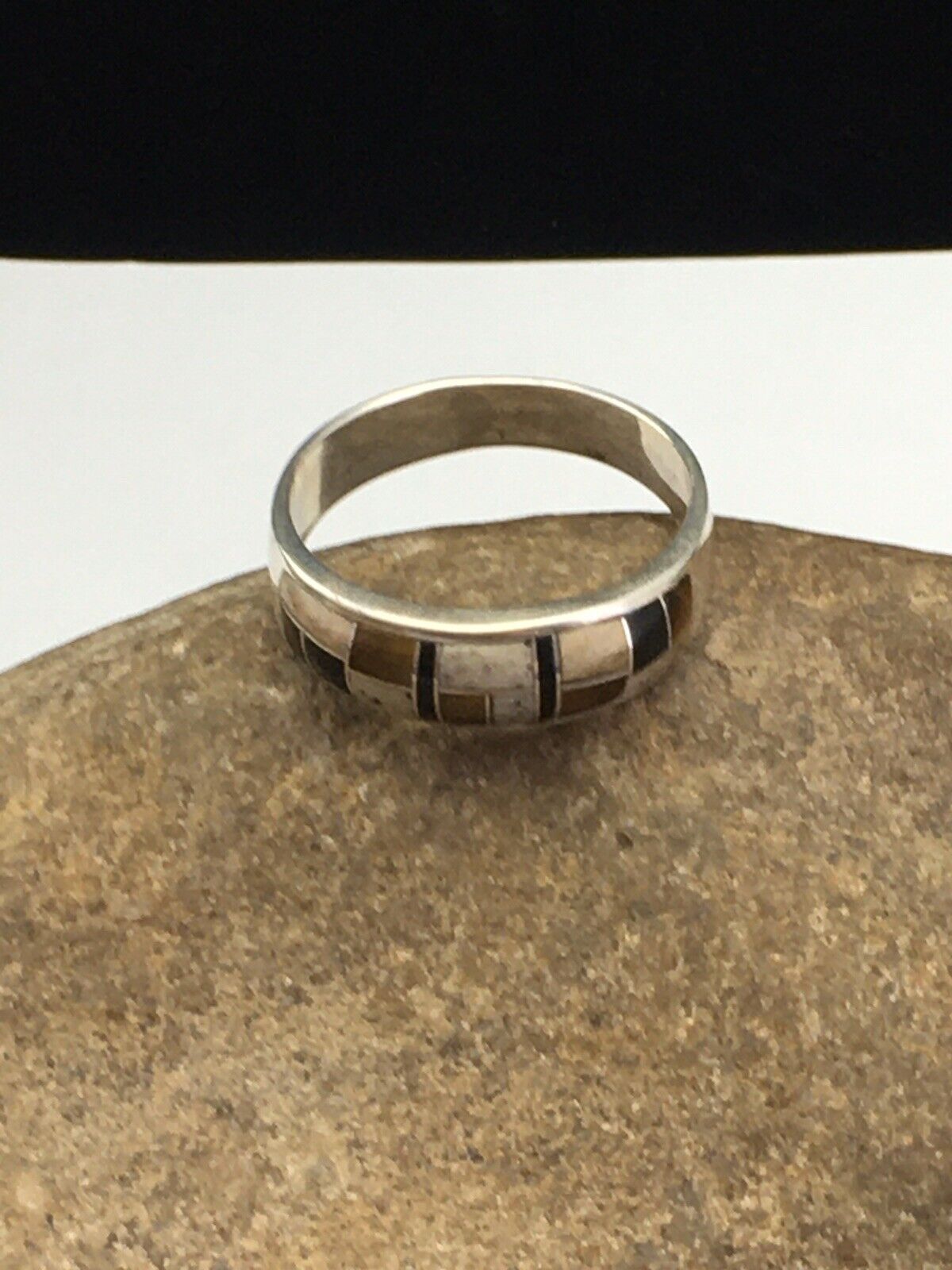 Navajo Sterling Silver Onyx, Coffee Tiger's Eye & Jasper Inlay Ring | Sz 14 | Authentic Native American Handmade | 1709