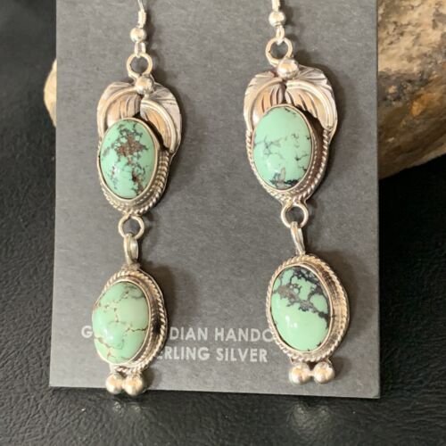 Navajo Green Spiderweb Turquoise Dangle Earrings | Sterling Silver | Authentic Native American Handmade | 13553