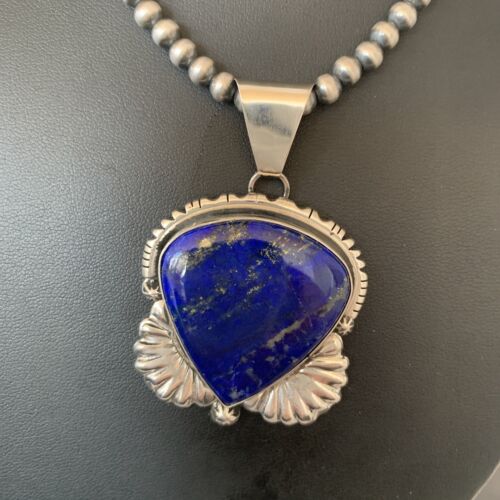 Native American Men's Navajo Pearls Necklace Pendant | Sterling Silver Blue Lapis | 01540