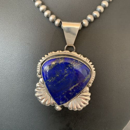 Native American Men's Navajo Pearls Necklace Pendant | Sterling Silver Blue Lapis | 01540