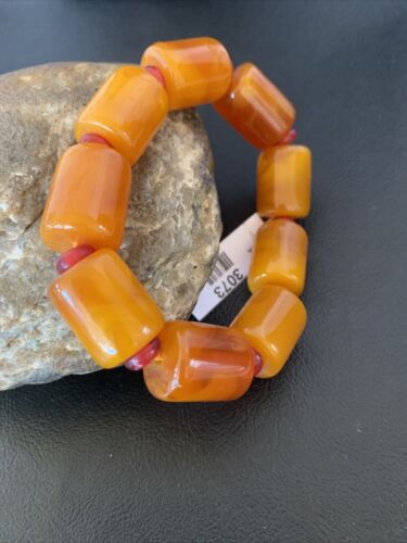 Native American Handmade Stretch Bracelet | Gold Amber Stone with Garnet | One-Of-A-Kind | 3073