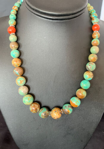 Navajo Green Turquoise & Apple Coral Graduated Necklace | Sterling Silver | Authentic Native American | 18" | 13206