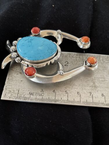 Navajo Turquoise & Coral Naja Tufa Cast Pendant | Authentic Native American Handmade | Sterling Silver | 01061