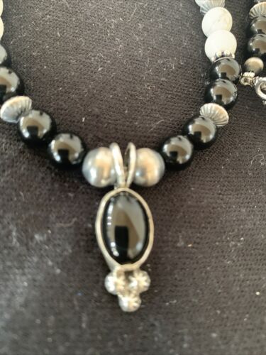 Navajo Black Onyx & White Buffalo Pendant Necklace | Sterling Silver | Authentic Native American Handmade | 01099
