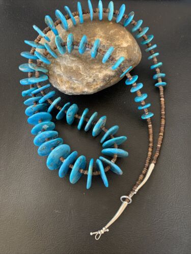 Authentic Native American Kingman Turquoise & Shell Necklace | Sterling Silver | 33" | Navajo Graduated | 12159