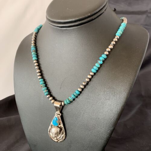 Navajo Pearl Necklace with Blue Turquoise Bullhead Pendant | Authentic Native American Sterling Silver | Multi-Stone | 11755