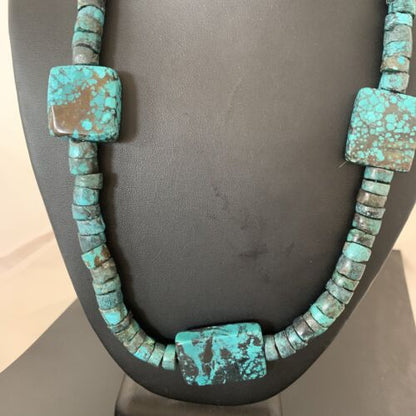 Native American Rustic Turquoise Nugget Heishi Bead Necklace | Sterling Silver | 22" | 01397