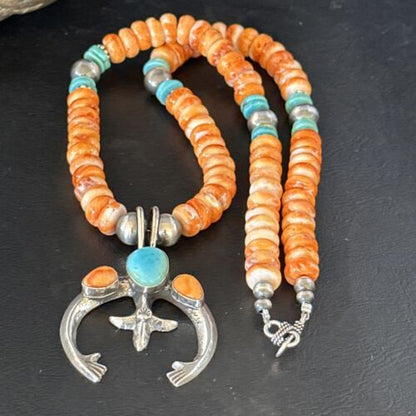 Navajo Blue Turquoise Spiny Oyster Naja Pendant Necklace | Sterling Silver | 18" | Authentic Native American Handmade | 14810 - Masha USA