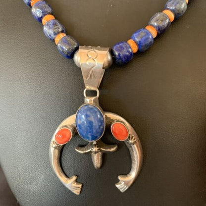Navajo Native American Blue Lapis Spiny Oyster Naja Pendant | Sterling Silver | 11492 - Masha USA