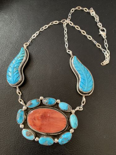 Navajo Red Spiny Oyster & Blue Turquoise Necklace | Sterling Silver | 21" | Authentic Native American Handmade | 2112
