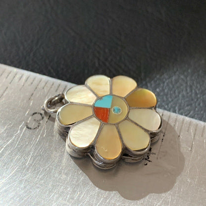Zuni Sunface Pendant | Yellow White Mother of Pearl Coral Inlay | Sterling Silver | 2 Sided | 1683