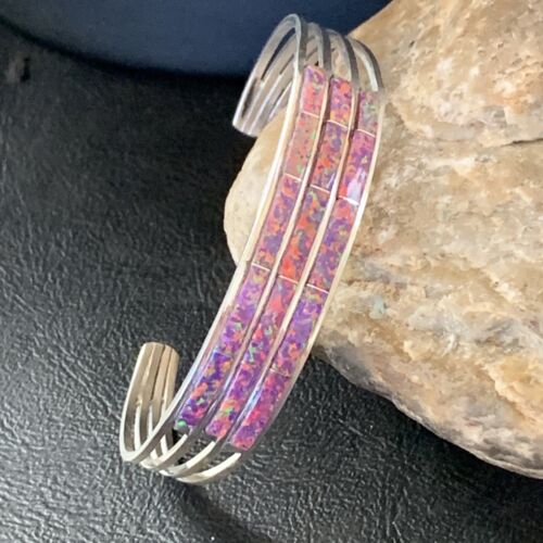 Native American Zuni Purple Opal Inlay Cuff Bracelet | Sterling Silver | 3 Row | 1643