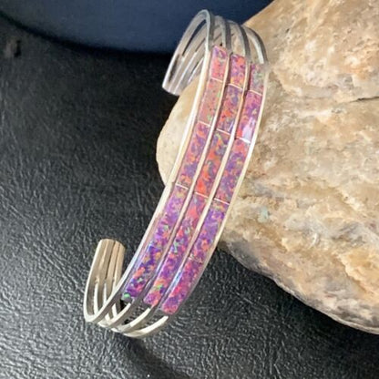 Native American Zuni Purple Opal Inlay Cuff Bracelet | Sterling Silver | 3 Row | 1643