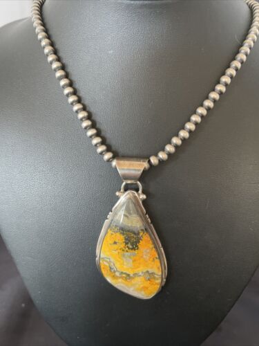 Men's Navajo Pearls Necklace with Bumblebee Jasper Pendant | Sterling Silver | Authentic Native American Handmade | 10556