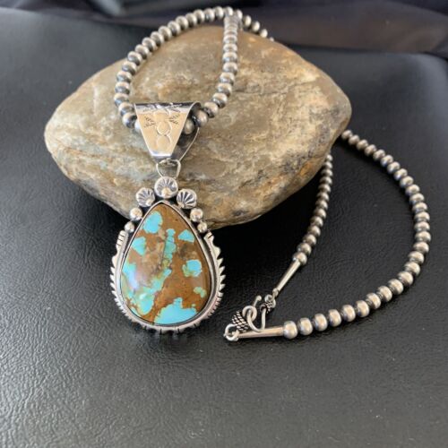 Navajo Pearls Necklace with Blue Royston Turquoise Pendant | Sterling Silver | Native American Handmade | 10764