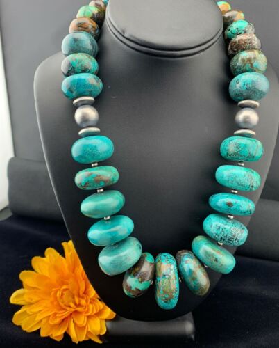 Navajo Pearl Sterling Silver Necklace | Graduated Blue Chunky Turquoise | Authentic Native American | 24" | 01743