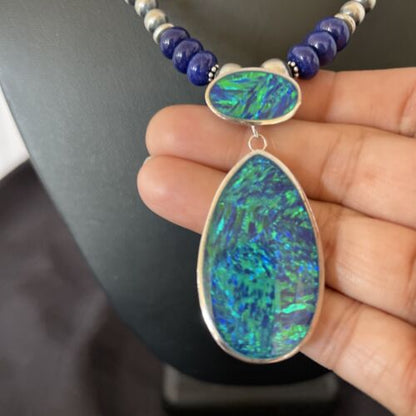 Women's Sterling Silver Necklace | Blue Lapis Bead Opal Inlay Pendant | Multi-Stone | 10584