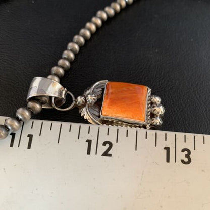 Navajo Orange Spiny Oyster Square Pendant Necklace | Sterling Silver | Authentic Native American Handmade | 13639