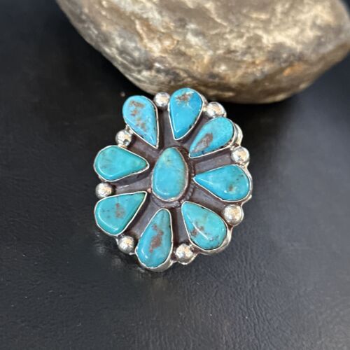 Navajo Blue Turquoise Cluster Ring | Authentic Native American Sterling Silver | Multi-Stone | Sz 7 | 14728