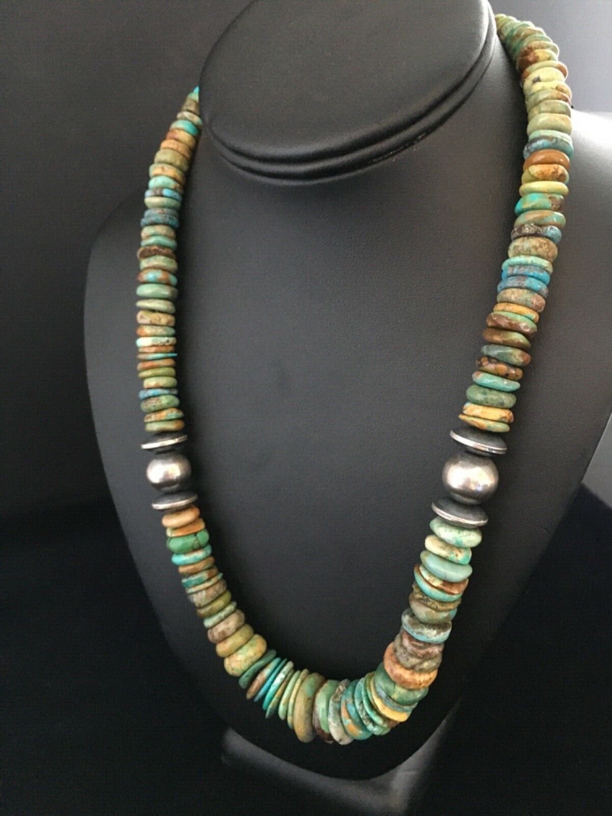 Authentic Native American Navajo Graduated Green Turquoise Necklace | Sterling Silver | 20"