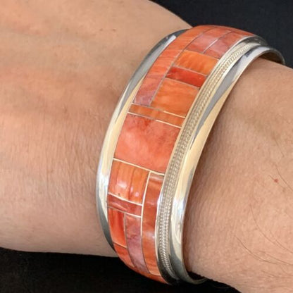 Navajo Red Spiny Oyster Cuff Inlay Bracelet | Sterling Silver | Authentic Native American Handmade | 13659