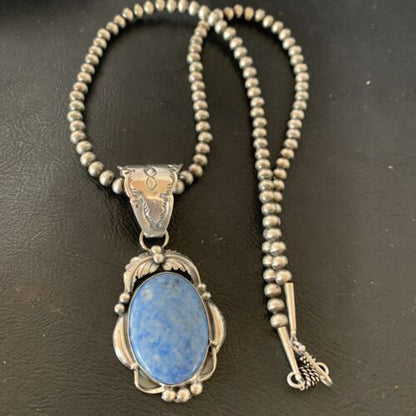Navajo Denim Lapis Necklace with Pendant | Sterling Silver | Authentic Native American Handmade | 12437