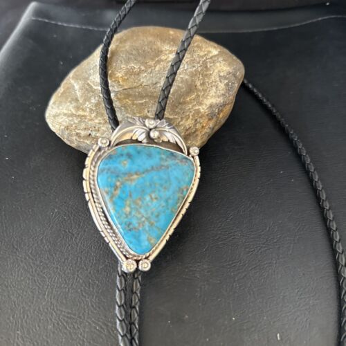 Navajo Blue Kingman Turquoise Bolo Tie | Sterling Silver | Authentic Native American Handmade | 14254