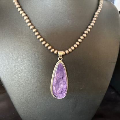 Navajo Pearls Purple Charoite Necklace Pendant | Sterling Silver | Authentic Native American Handmade | 14465