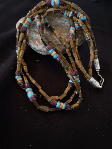 Navajo Turquoise, Tigers Eye & Spiny Oyster Necklace | Sterling Silver | Authentic Native American Handmade | 1132