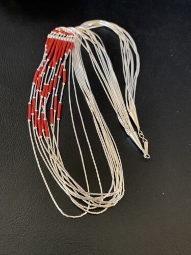 Red Coral Heishi Necklace | 10 Strand Liquid Silver | Sterling Silver Tubes | 26" | 13060