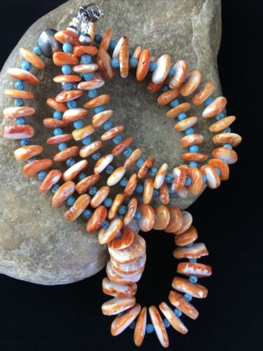 Navajo Orange Spiny Oyster & Turquoise Graduated Necklace | Sterling Silver | Authentic Native American | 30" | 1771