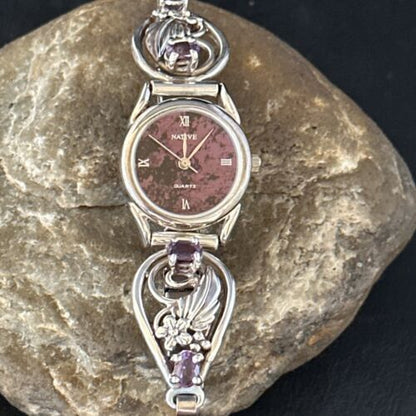 Authentic Navajo Sterling Silver Wrist Watch Tips | Purple Amethyst Feather Design | Women's Jewelry | 14315
