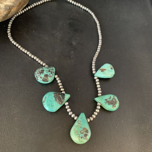 Navajo Teardrop Blue Turquoise Necklace | Sterling Silver Pearls | 20" | Authentic Native American Handmade | 13959