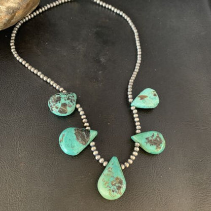 Navajo Teardrop Blue Turquoise Necklace | Sterling Silver Pearls | 20" | Authentic Native American Handmade | 13959