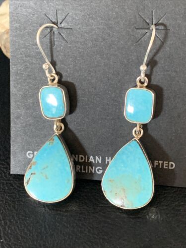 Kingman Turquoise Dangle Earrings | Navajo Sterling Silver | Authentic Native American Handmade | 14078