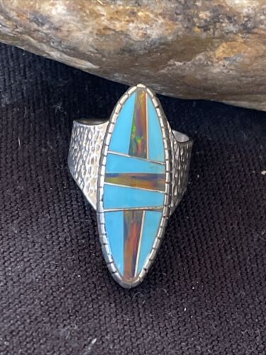 Navajo Multi-Color Opal & Turquoise Inlay Ring | Sterling Silver | Sz 7 | Authentic Native American Handmade | 1579
