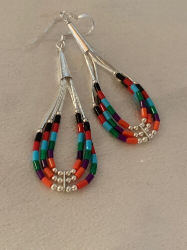 Handmade Liquid Silver Heishi Dangle Earrings | Turquoise Coral | Sterling Silver | 2" | 2001