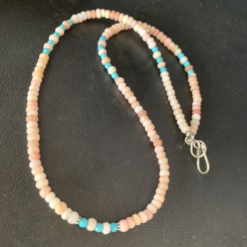 Navajo Blue Turquoise Pink Opal Bead Necklace | Sterling Silver | Authentic Native American Handmade | 22" | 13592