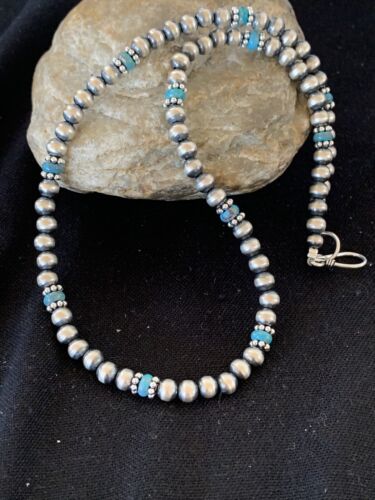 Authentic Native American Navajo Pearls Blue Turquoise Necklace | Sterling Silver Beads | Single Strand | 19" | 227