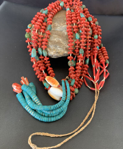 Southwestern Santo Domingo Red Coral Green Turquoise 5-Strand Jacla Necklace | 38" | Native American Handmade | 12052