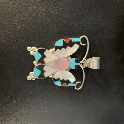 Zuni Butterfly Pendant Necklace | Turquoise Mother of Pearl Onyx Inlay | Sterling Silver | 13684