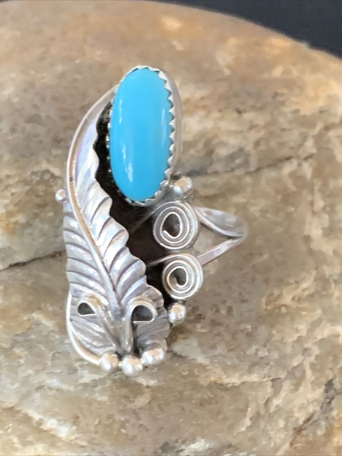 Navajo Blue Turquoise Feather Ring | Sterling Silver | Sz 5.5 | Authentic Native American Handmade | 11736