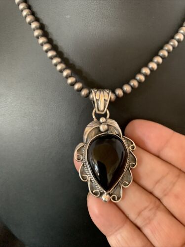 Navajo Pearls Black Onyx Necklace Pendant | Sterling Silver | Authentic Native American Handmade | 13095