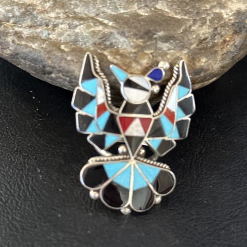 Zuni Peyote Bird Ring | Sterling Silver Turquoise Onyx Mother of Pearl Inlay | Sz 7.5 | 14448