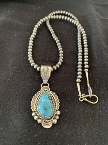 Navajo Spiderweb Kingman Turquoise Pendant Necklace | Sterling Silver | Authentic Native American Handmade | 688